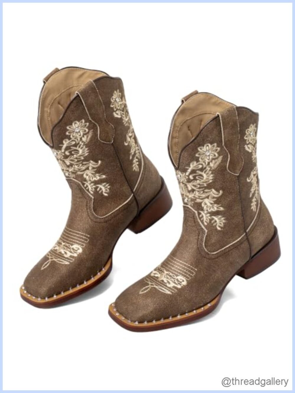 Rhinestone Western Ankle Boots Square Toe Faux Leather Floral Embroidered
